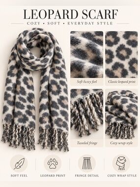 I AM LEOPARD PRINT OVERSIZED SCARF – GREY/GREAM (NEW WITH TAGS) A38